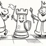 Illustration fröhlicher Schachfiguren mit Schachuhr