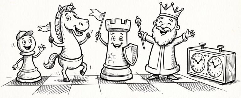 Illustration fröhlicher Schachfiguren mit Schachuhr