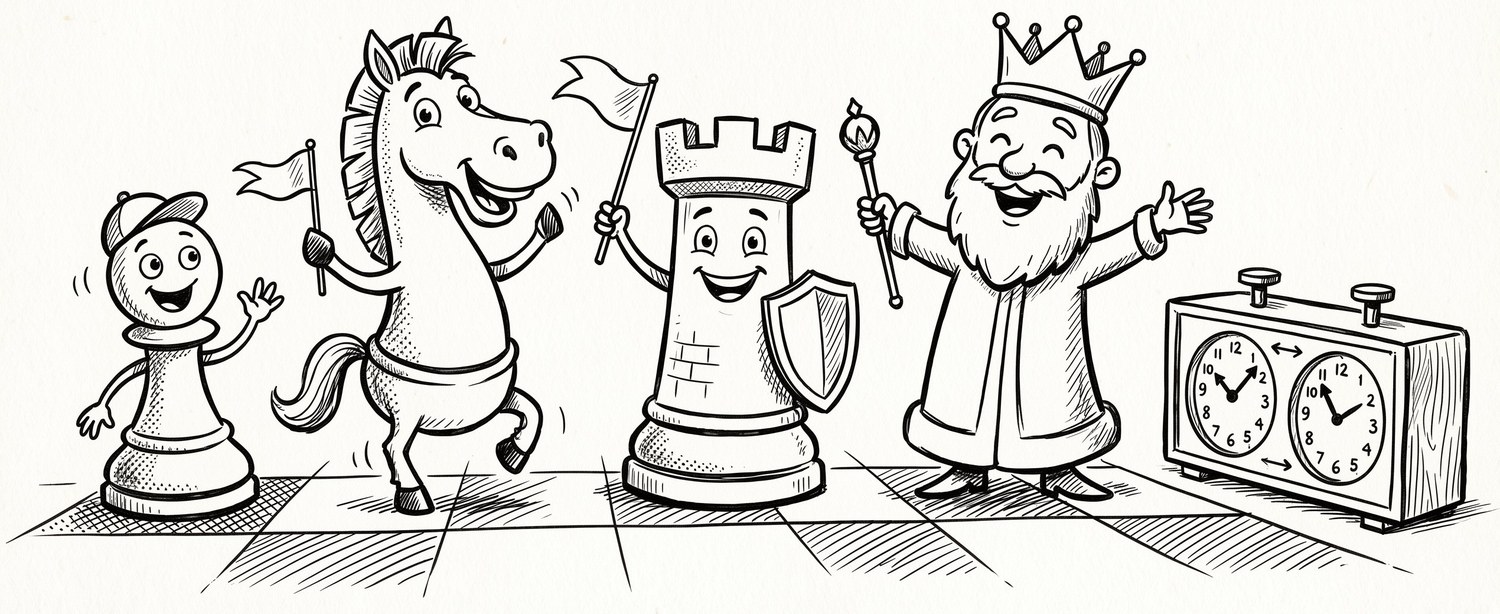 Illustration fröhlicher Schachfiguren mit Schachuhr